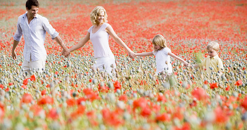 Family walking through poppy field